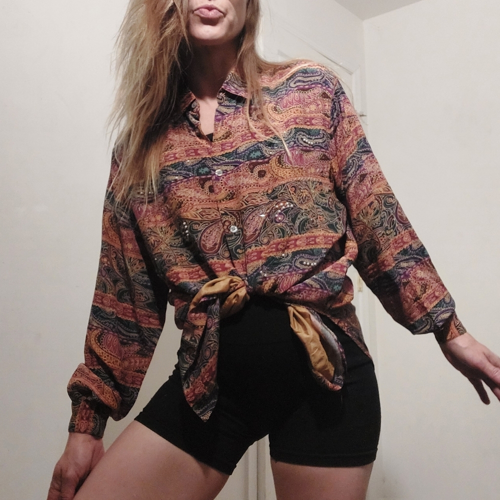 Vintage 90's Y2K silk abstract paisley blouse w/ sequins & pearls by Silk Club